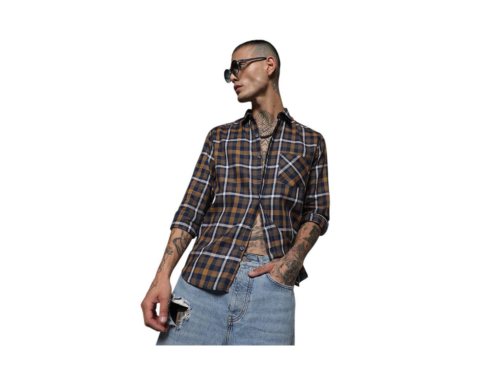 Campus Sutra рубашка мужская в клетку Cobalt Blue & Mustard Yellow Tartan Plaid