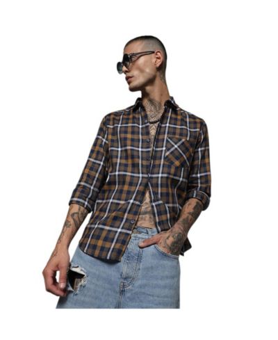 Campus Sutra рубашка мужская в клетку Cobalt Blue & Mustard Yellow Tartan Plaid