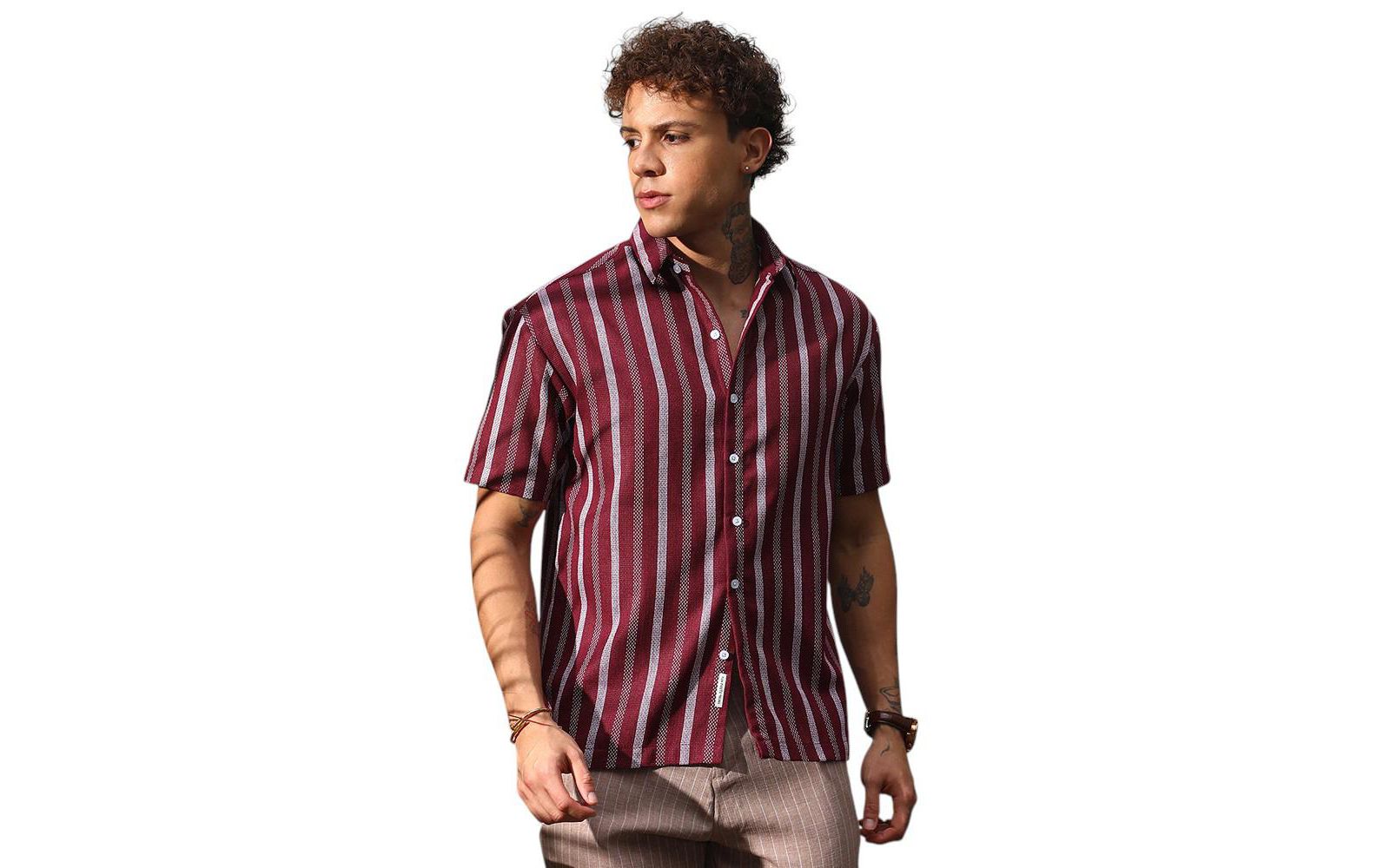 Campus Sutra Men's Maroon Red Pencil Striped Shirt