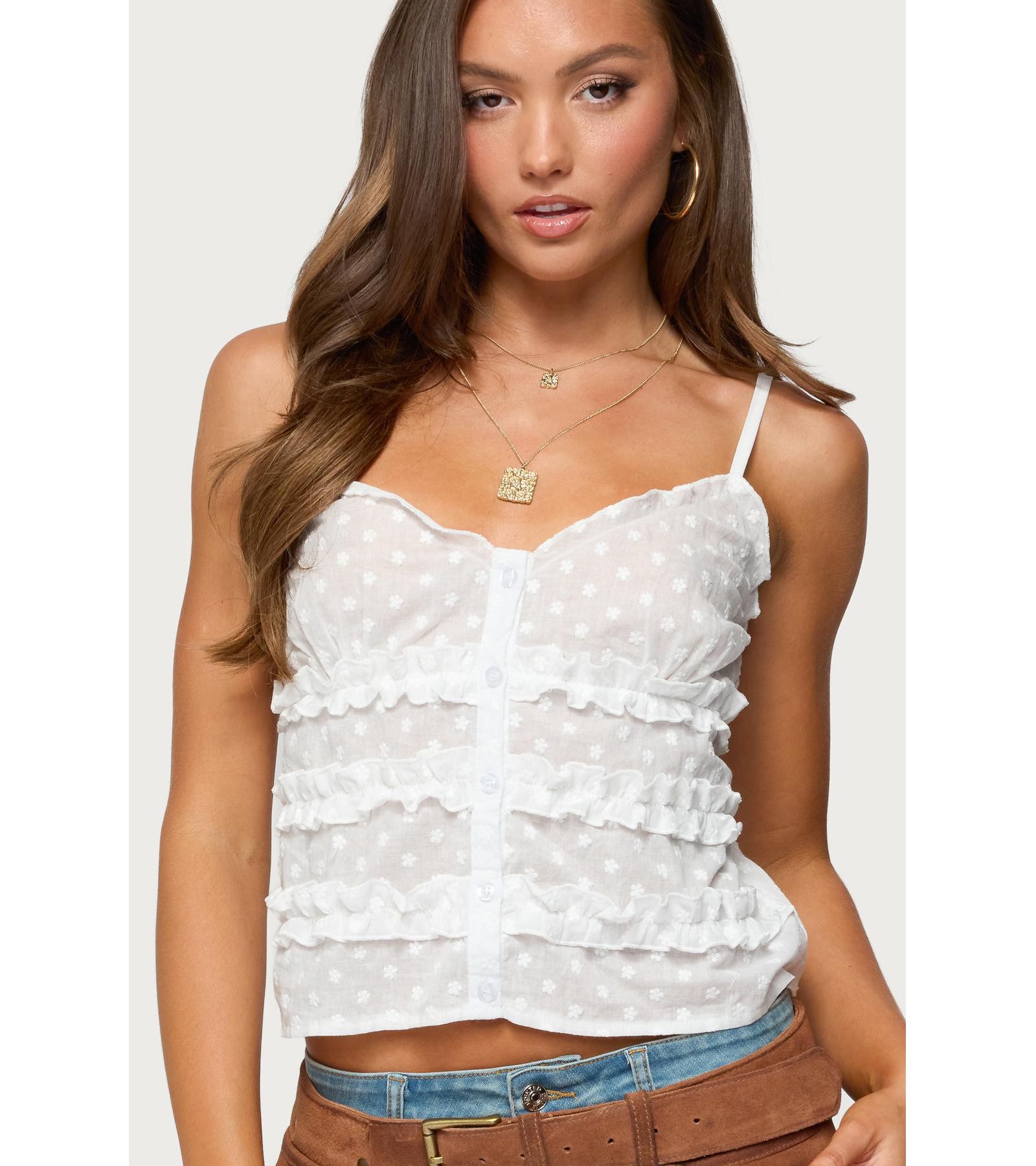 Edikted Womens Chrissa Embroidered Cotton Ruffle Top