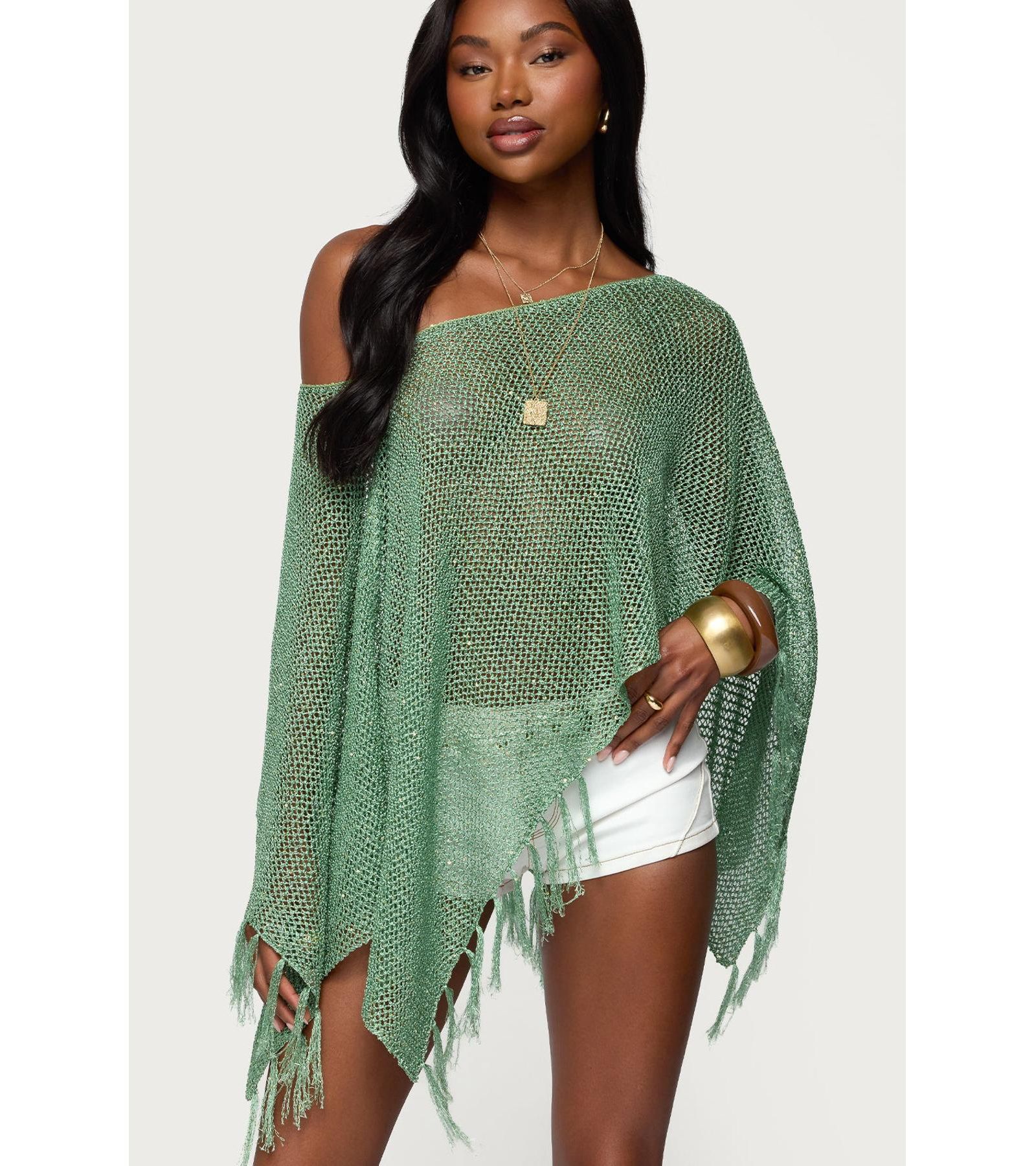 Edikted Women's Sequin Fringe Knit Poncho