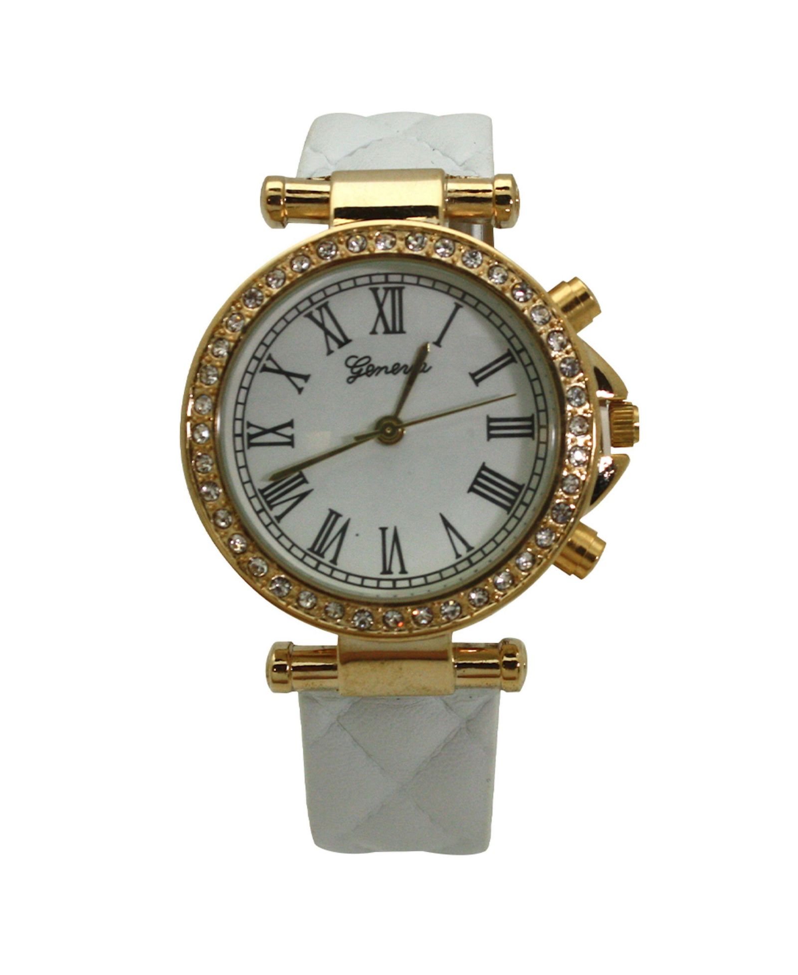 White Quilted and Gold Detail Leather Strap Watch