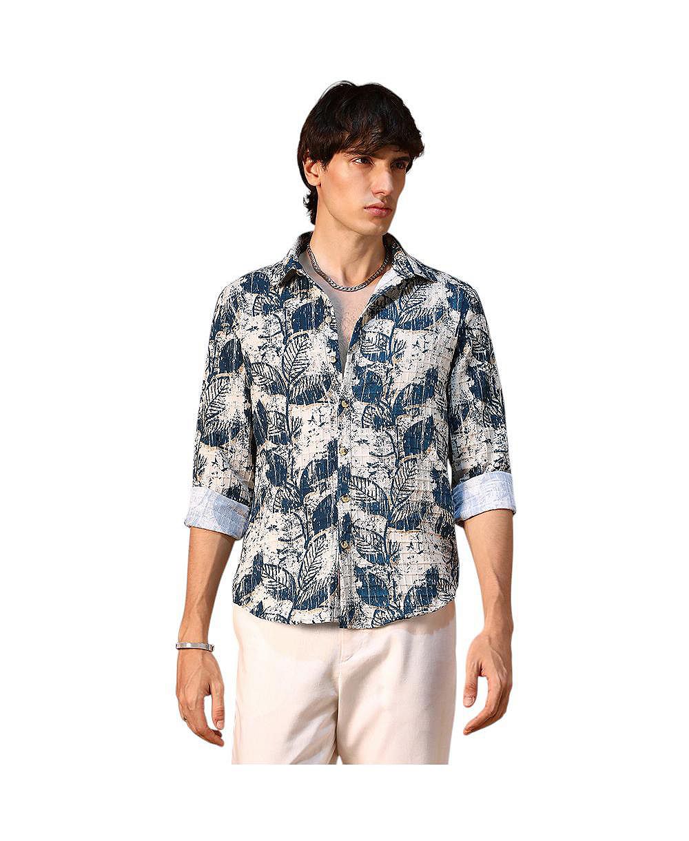 Campus Sutra Men's Ivory White & Indigo Blue Foliage-Waffle Shirt