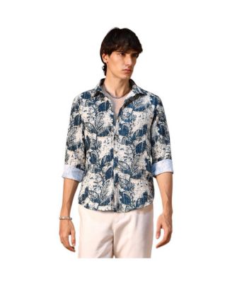 Campus Sutra Men's Ivory White & Indigo Blue Foliage-Waffle Shirt
