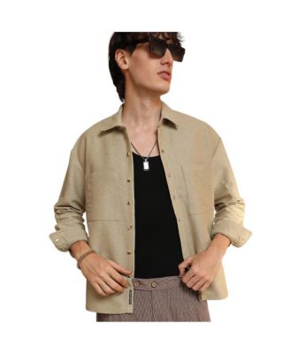 Campus Sutra Men's Buff Beige Chevron-Woven Utility Shirt