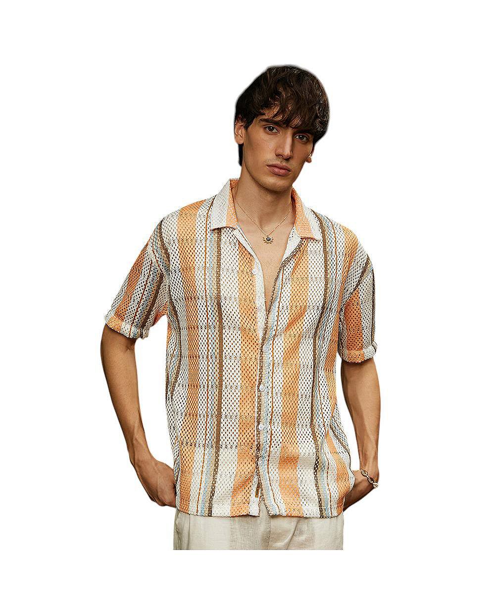 Campus Sutra Men's Coral Orange & Saltbox Beige Multitrack Knit Oversized Shirt