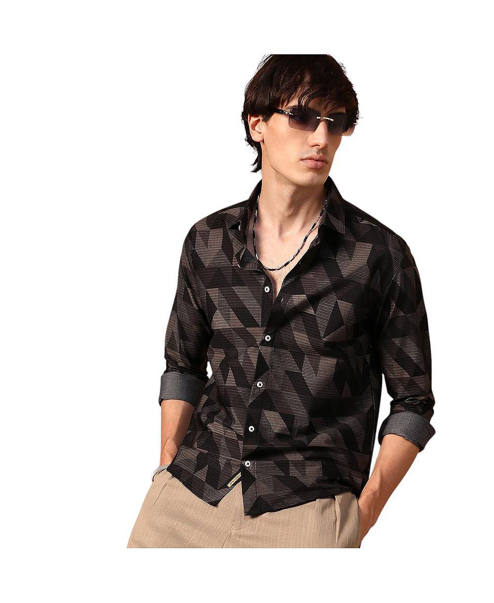Мужская рубашка Campus Sutra Midnight Black Geometric Seersucker