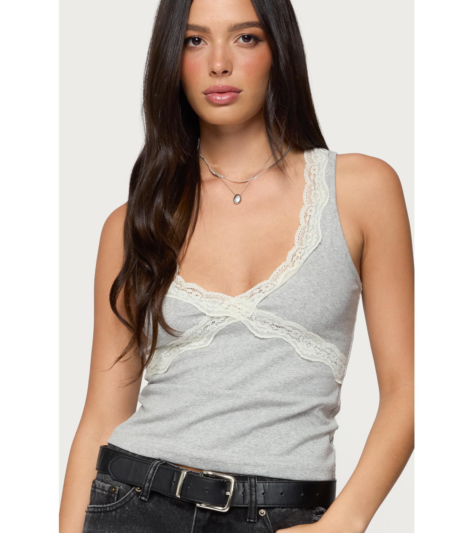 Edikted Women's Oriana Contrast Lacey V Neck Top