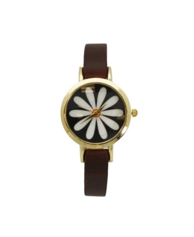 Olivia Pratt Dark Brown Large Flower Face Skinny Leather Strap Watch