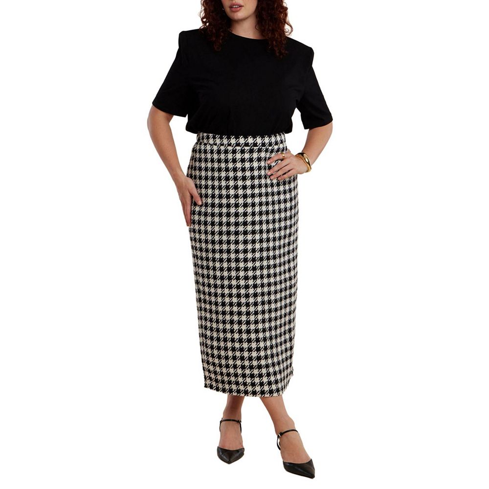ELOQUII Women's Plus Size Houndstooth Column Maxi Skirt