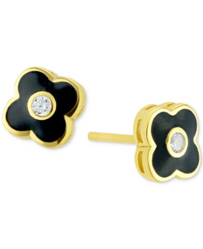 Серьги-гвоздики Cubic Zirconia Black & White Clover 14k Gold-Plated