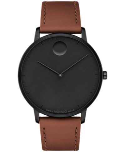 Movado Unisex Face Swiss Quartz Cognac Leather Watch, 41mm