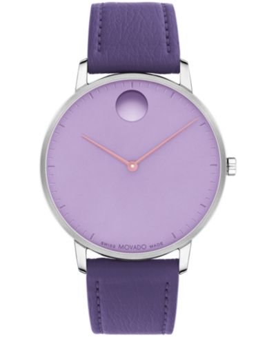 Movado Unisex Face Swiss Quartz Plum Leather Watch, 41mm