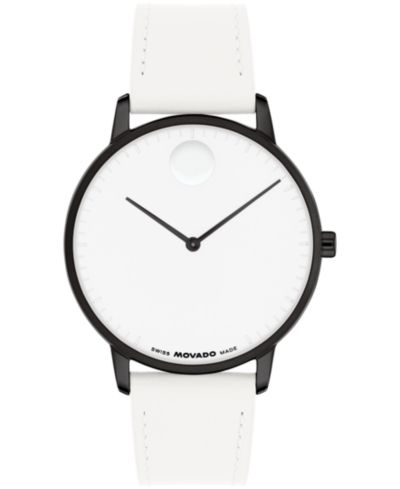 Movado Unisex Face Swiss Quartz White Leather Watch, 39mm