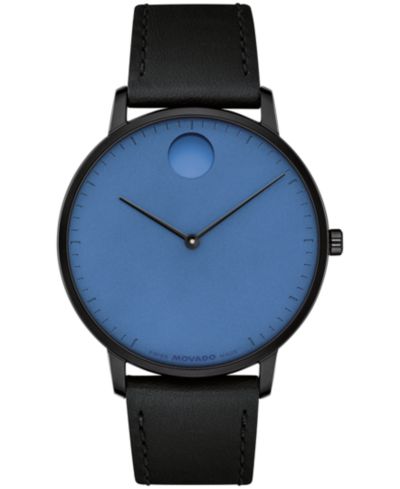 Movado Unisex Face Swiss Quartz Black Leather Watch, 41mm