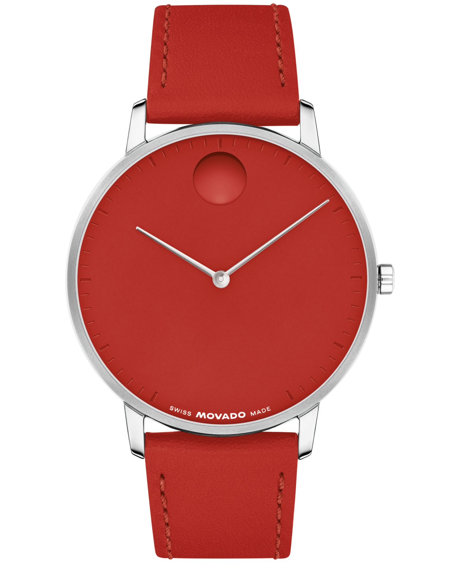 Movado Unisex Face Swiss Quartz Red Leather Watch, 41mm