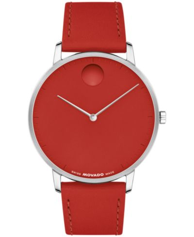 Movado Unisex Face Swiss Quartz Red Leather Watch, 41mm