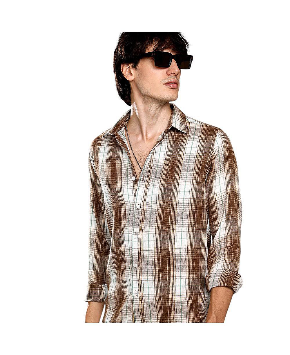 Campus Sutra Men's Chocolate Brown & Cream White Ombre Buffalo Check Shirt