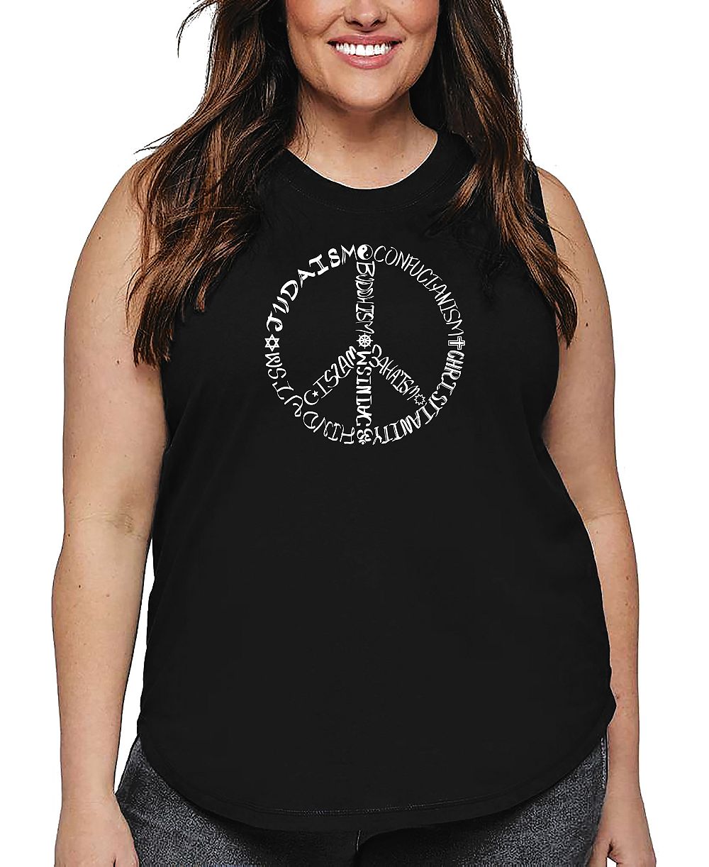 La Pop Art Plus Size Different Faiths Peace Sign Word Art Tank Top