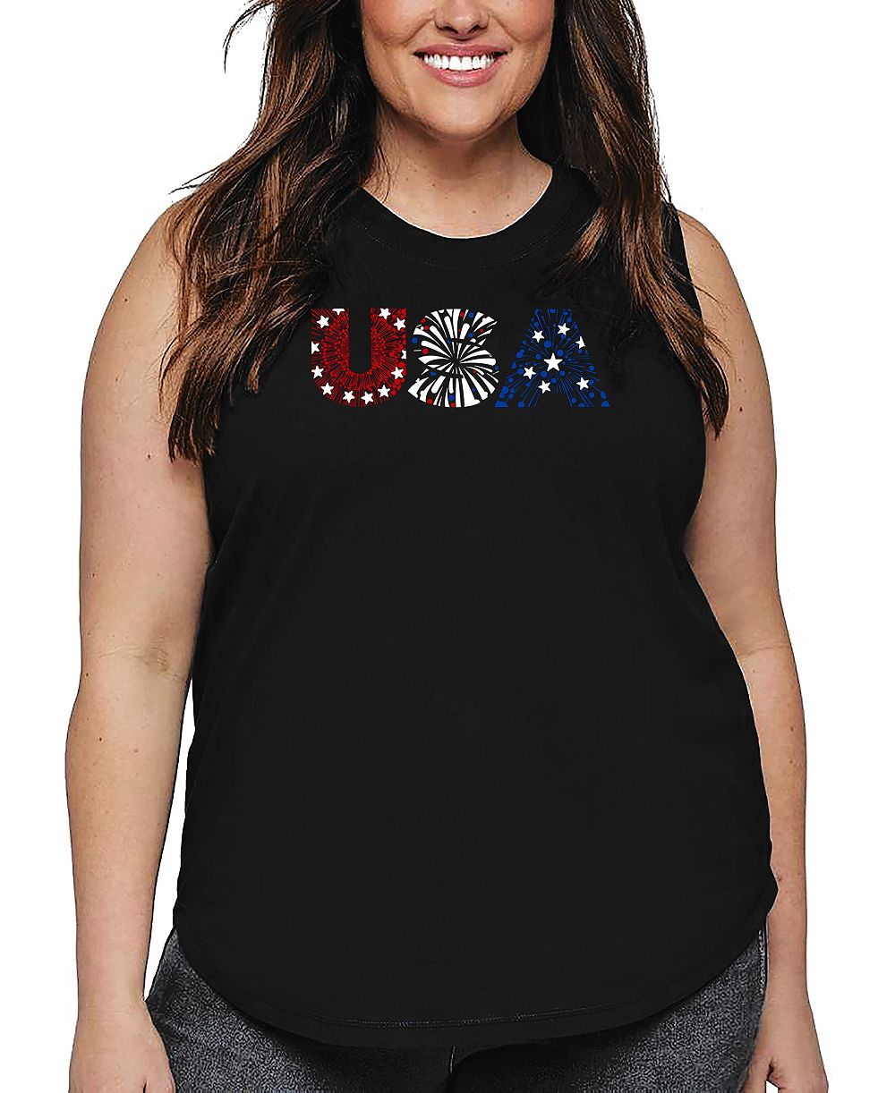 La Pop Art Plus Size USA Fireworks Word Art Tank Top