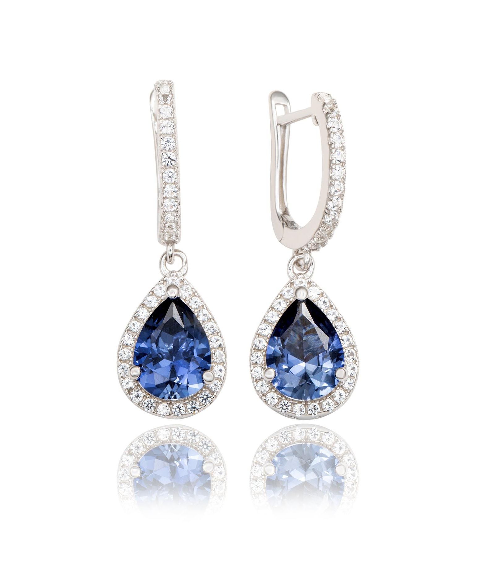 Suzy Levian Sterling Sapphire Pear Shape Halo Dangling Earrings