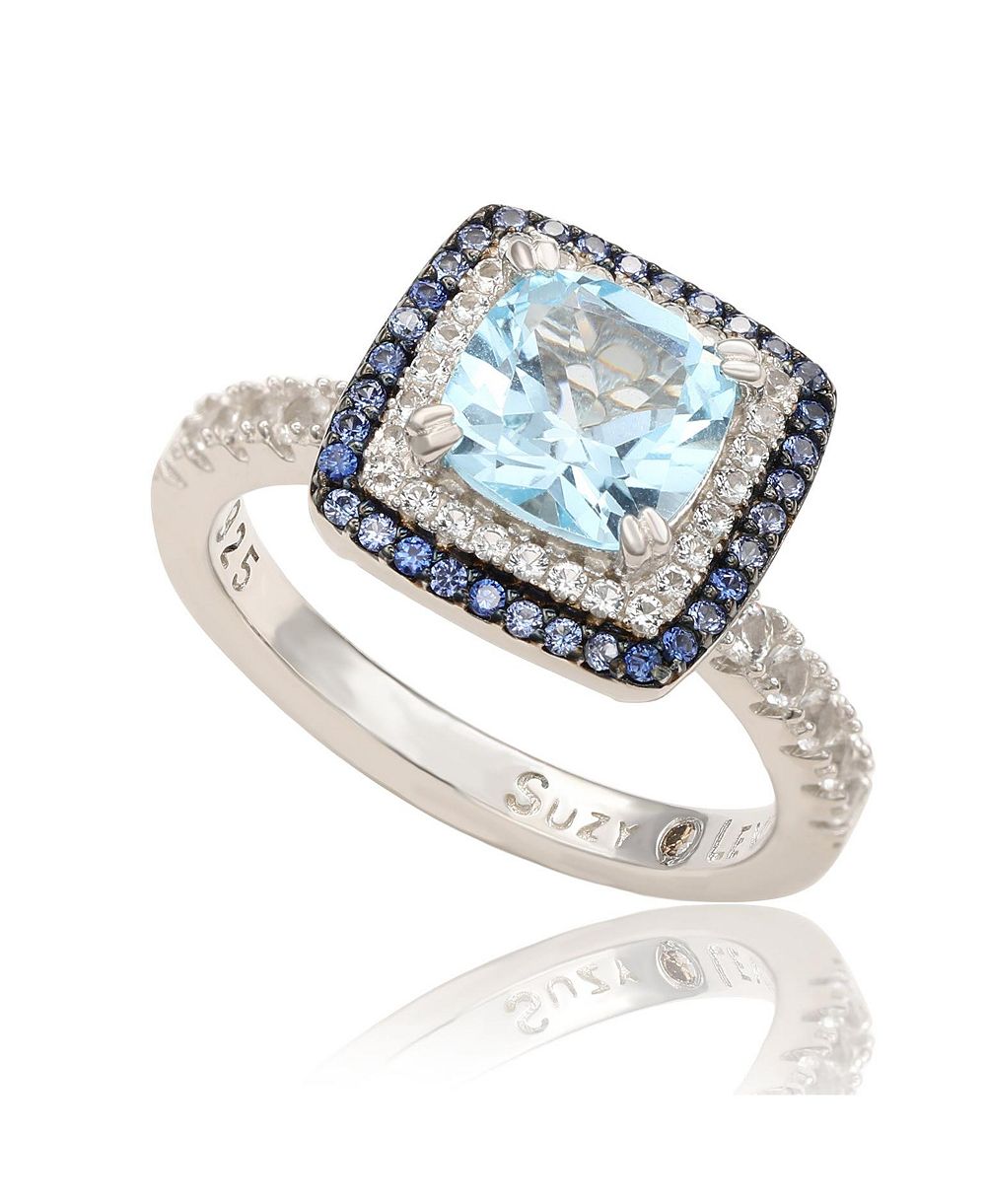 Suzy Levian Sterling Cushion Cut Topaz and Sapphire Double Halo Ring