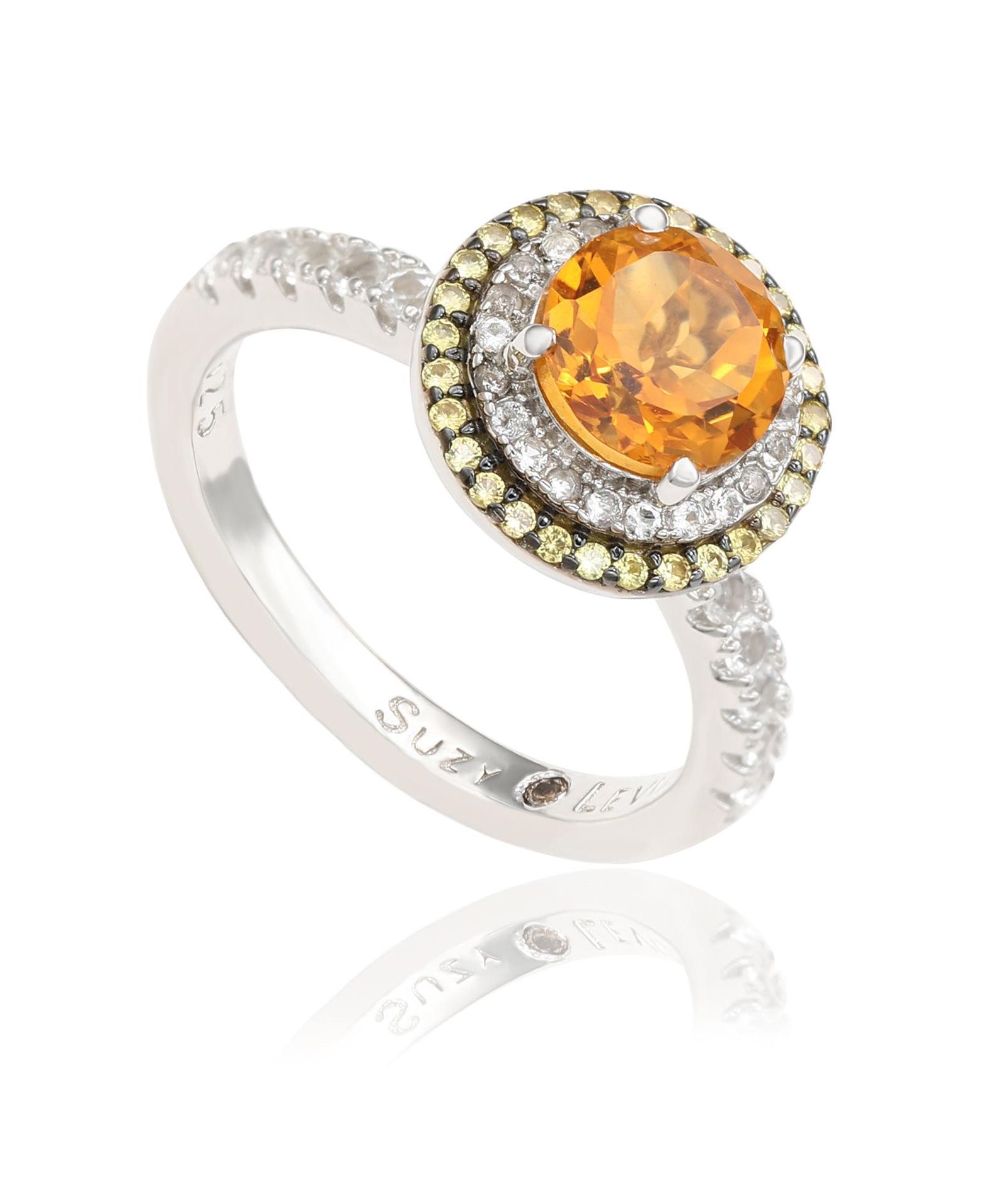Suzy Levian Sterling Round Cut Topaz and Sapphire Double Halo Ring