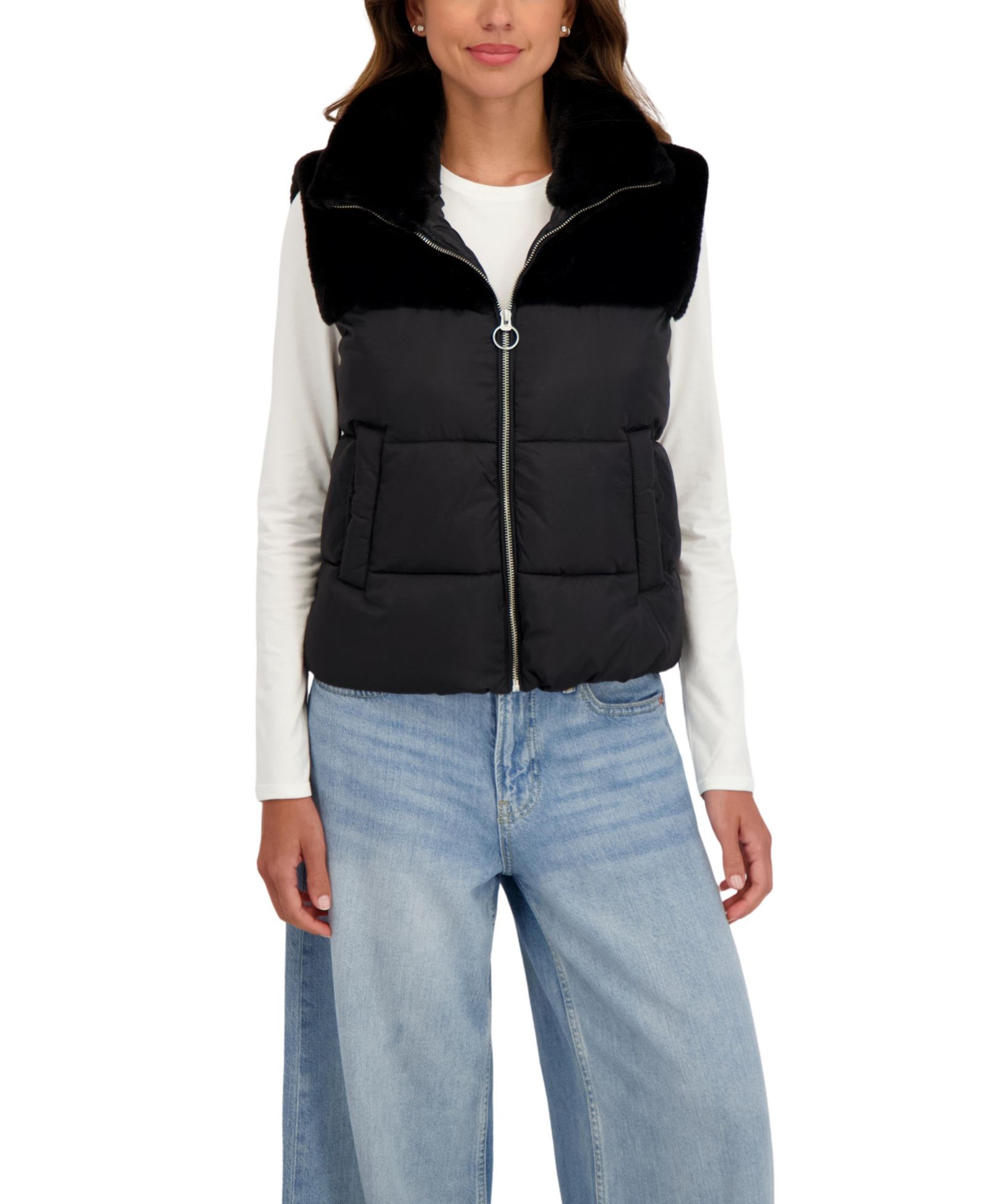 Sebby Collection Women's Short Mix Media Puffer Vest