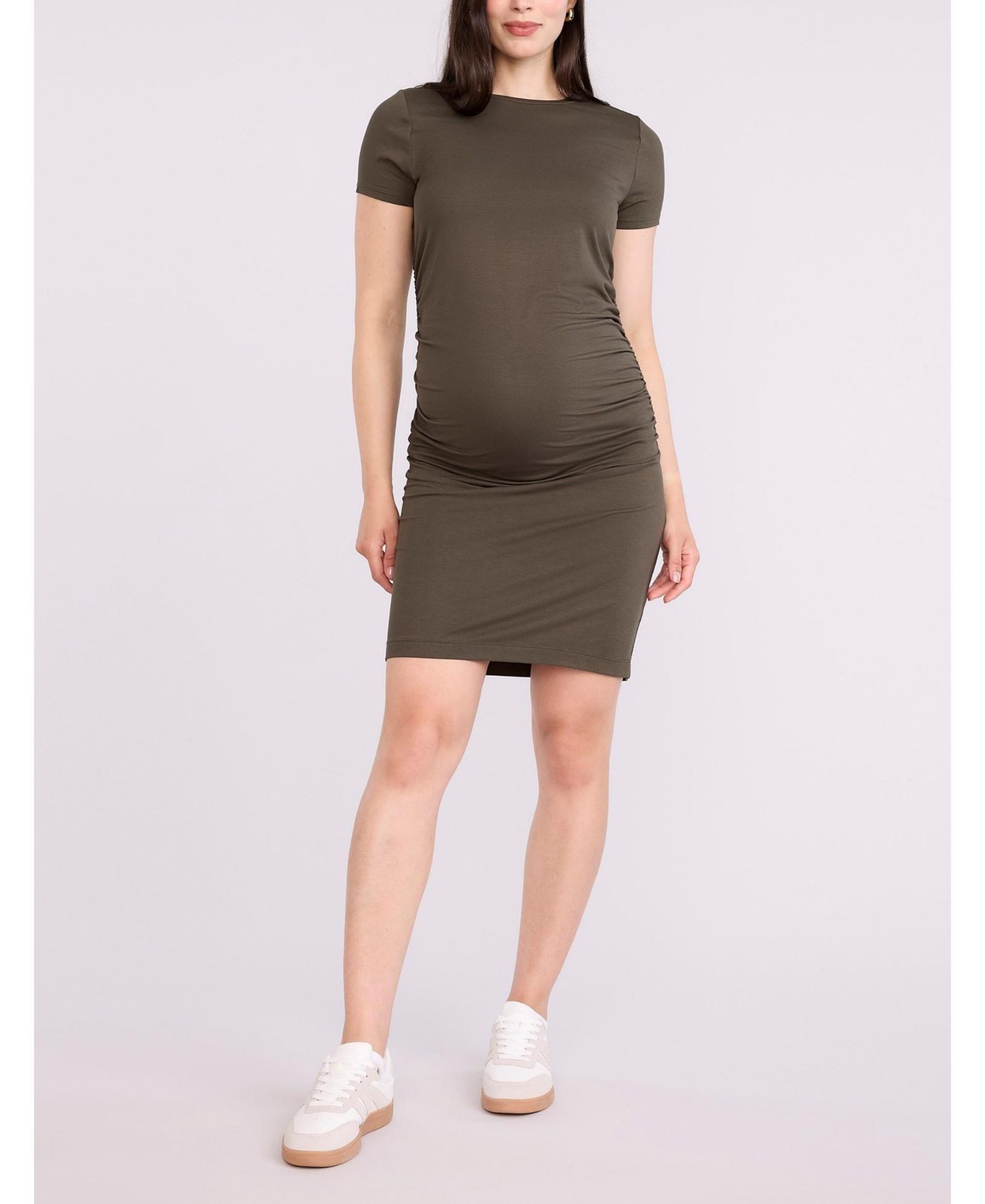 Motherhood Maternity Женское мини-платье облегающее с коротким рукавом и драпировкой сбоку