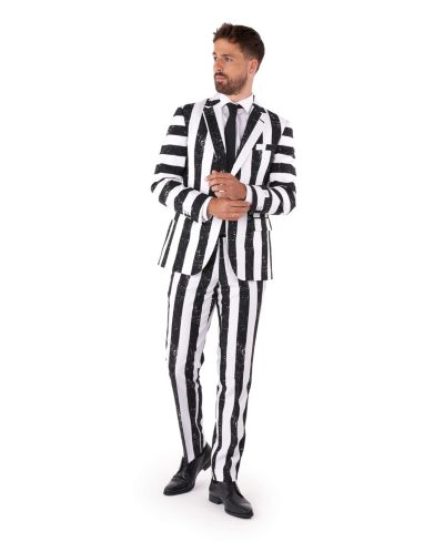 Мужской премиум костюм OppoSuits Beetlejuice - на Хэллоуин в стиле 80-х - приталенный - черный белый - включает пиджак, брюки и галстук