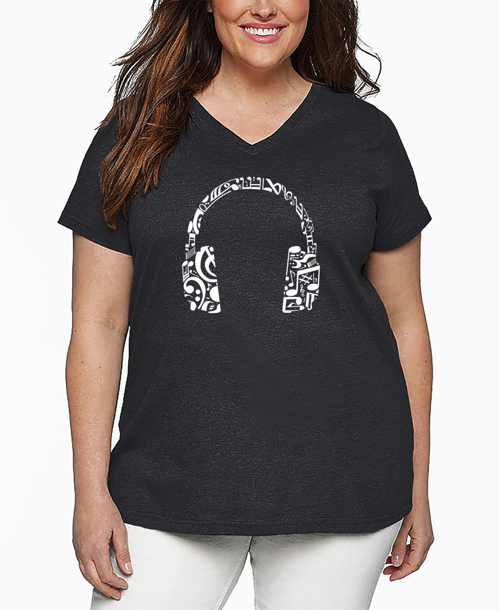 LA Pop Art Футболка Plus Size с принтом Music Note Headphones V-neck