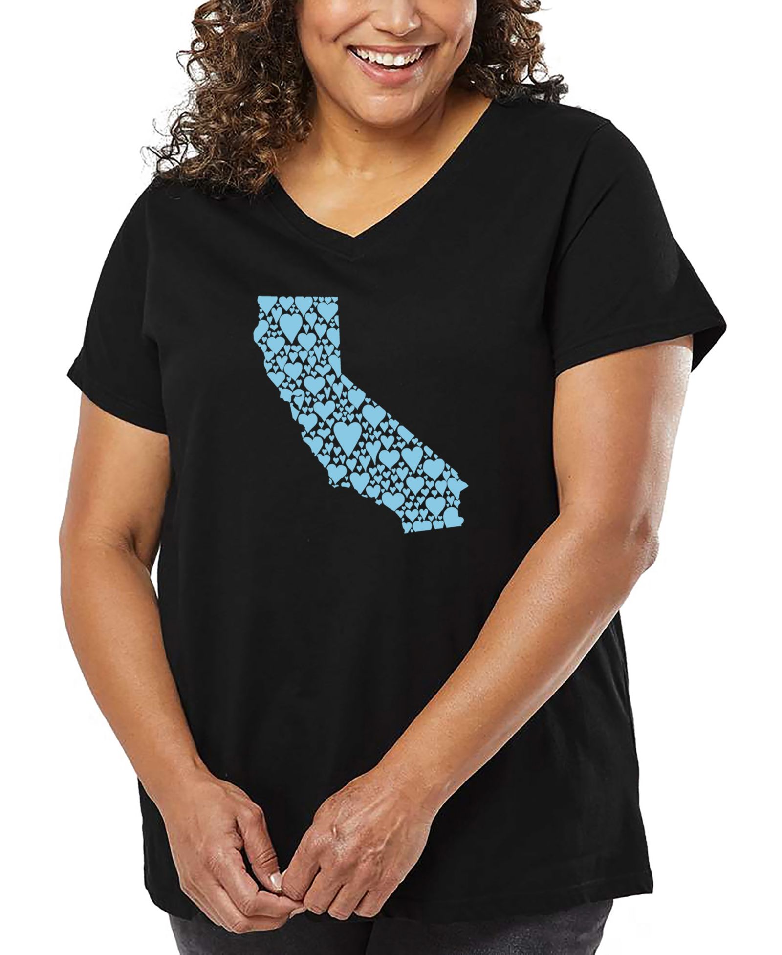 Женская футболка LA Pop Art Plus Size California Hearts Word Art с V-образным вырезом
