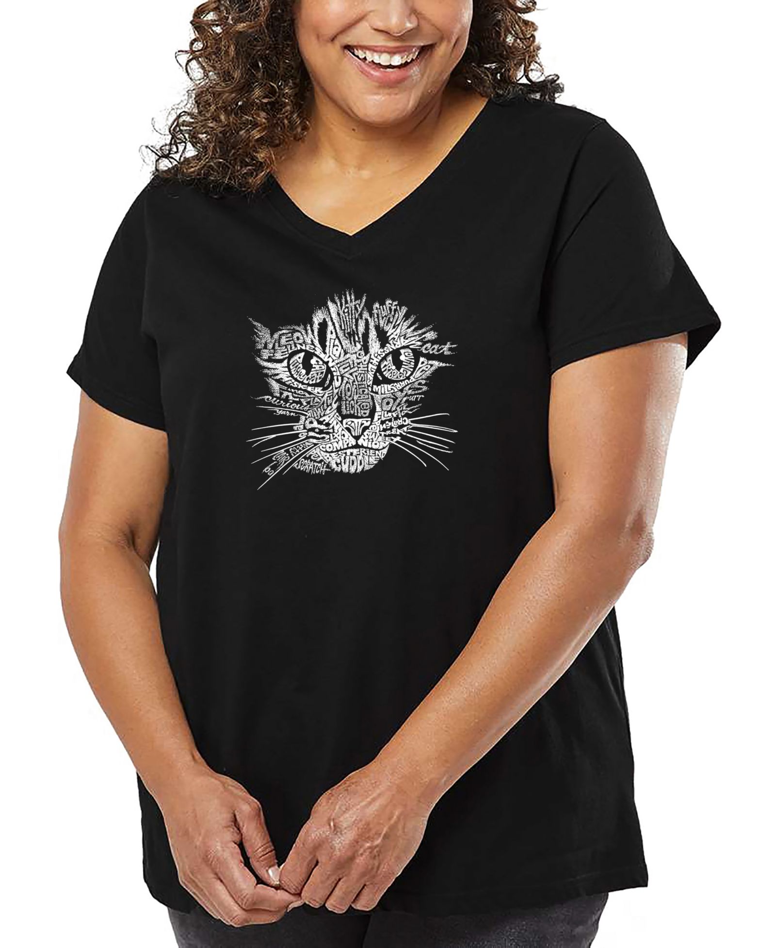 Женская футболка LA Pop Art Plus Size Cat Face Word Art V-Neck