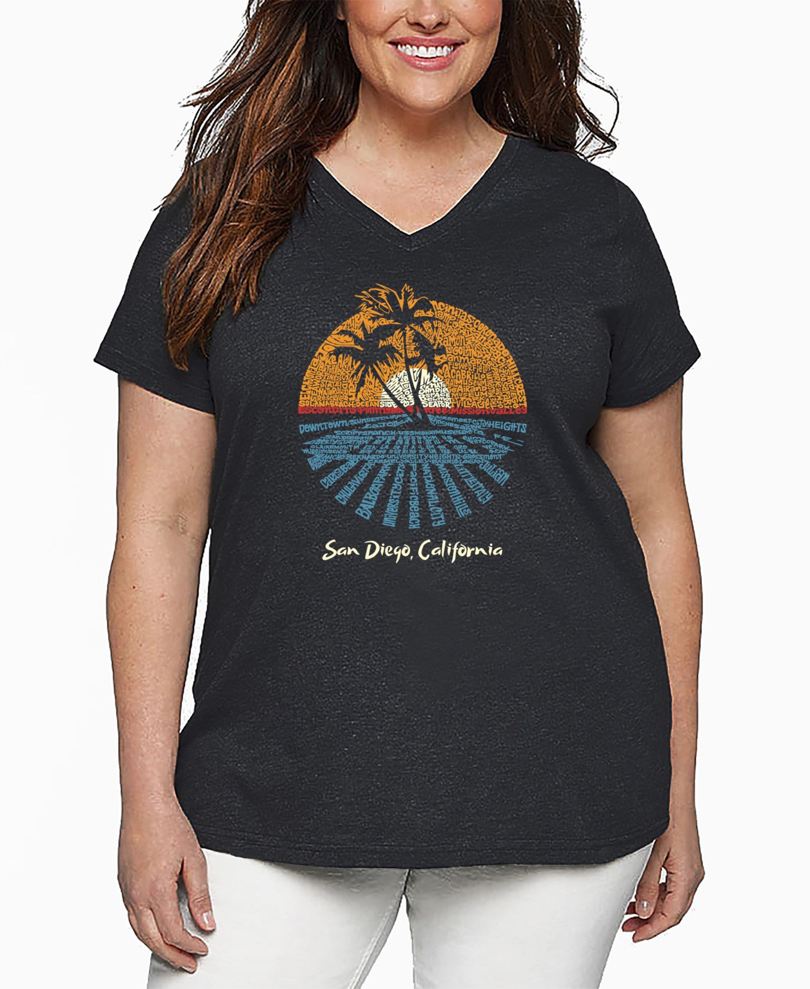 LA Pop Art футболка с V-образным вырезом San Diego Word Art, Plus Size, женская