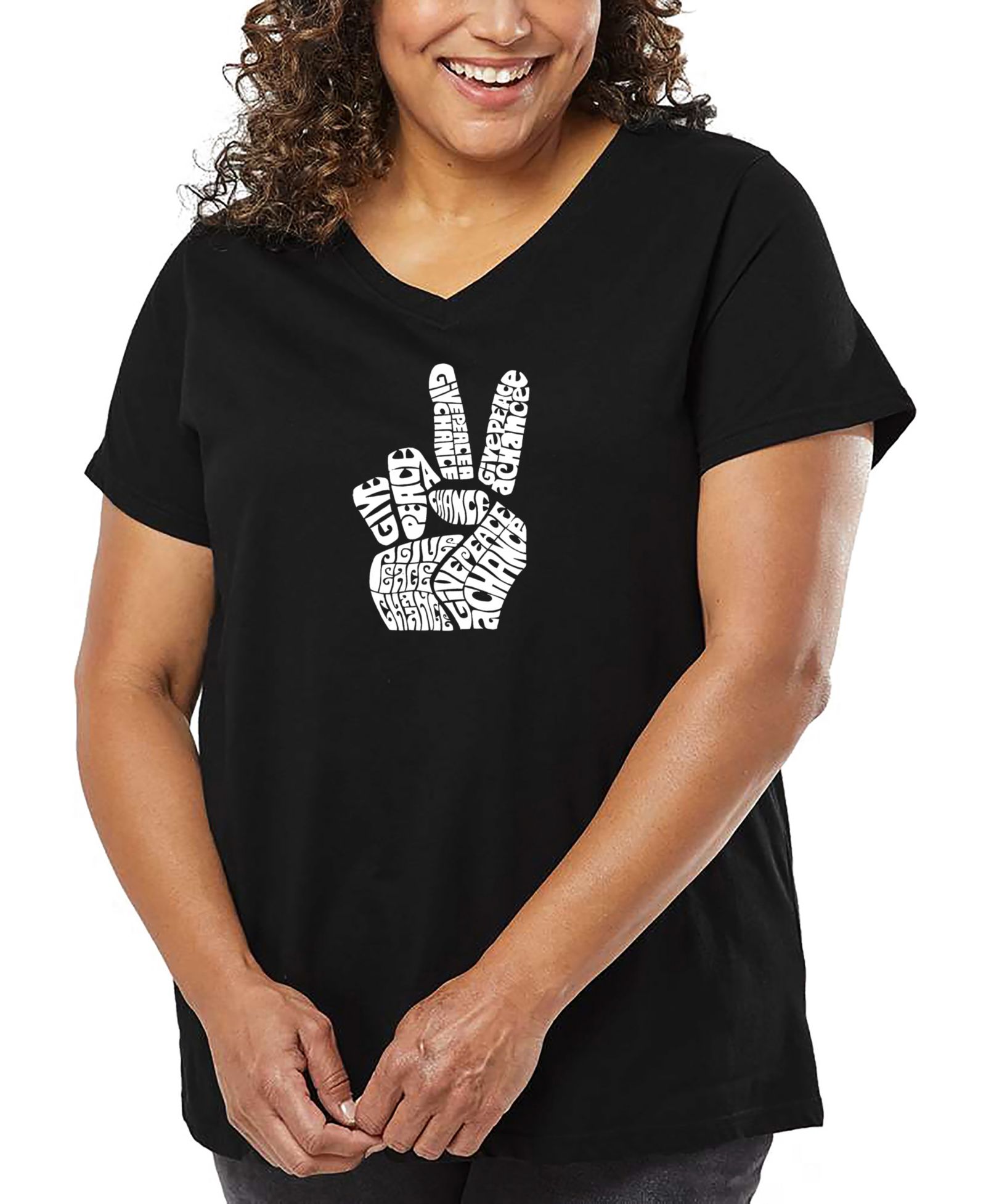 LA Pop Art Plus Size PEACE FINGERS Word Art V-Neck футболка