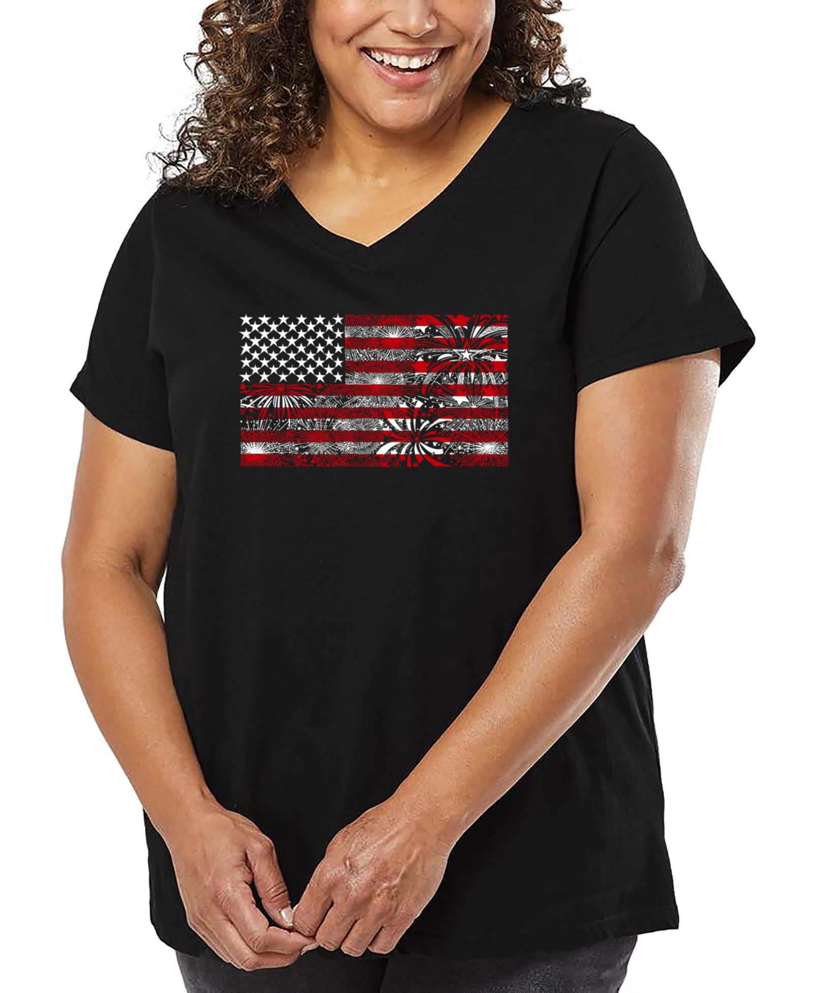 LA Pop Art Футболка Plus Size с принтом Fireworks American Flag V-neck
