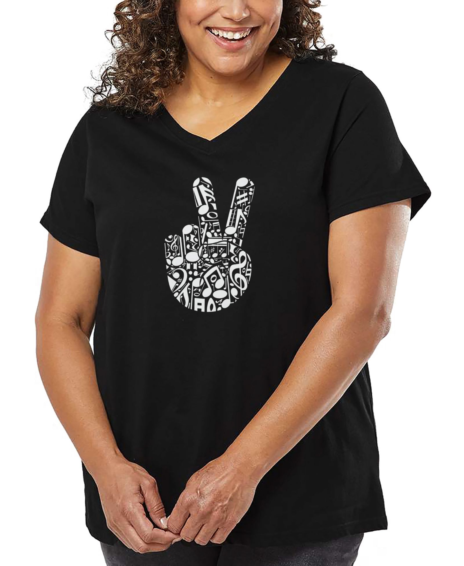 Футболка V-образного выреза LA Pop Art Plus Size Peace Finger Notes Word Art