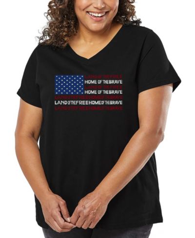 LA Pop Art Plus Size Land of the Free American Flag Word Art V-Neck T-Shirt