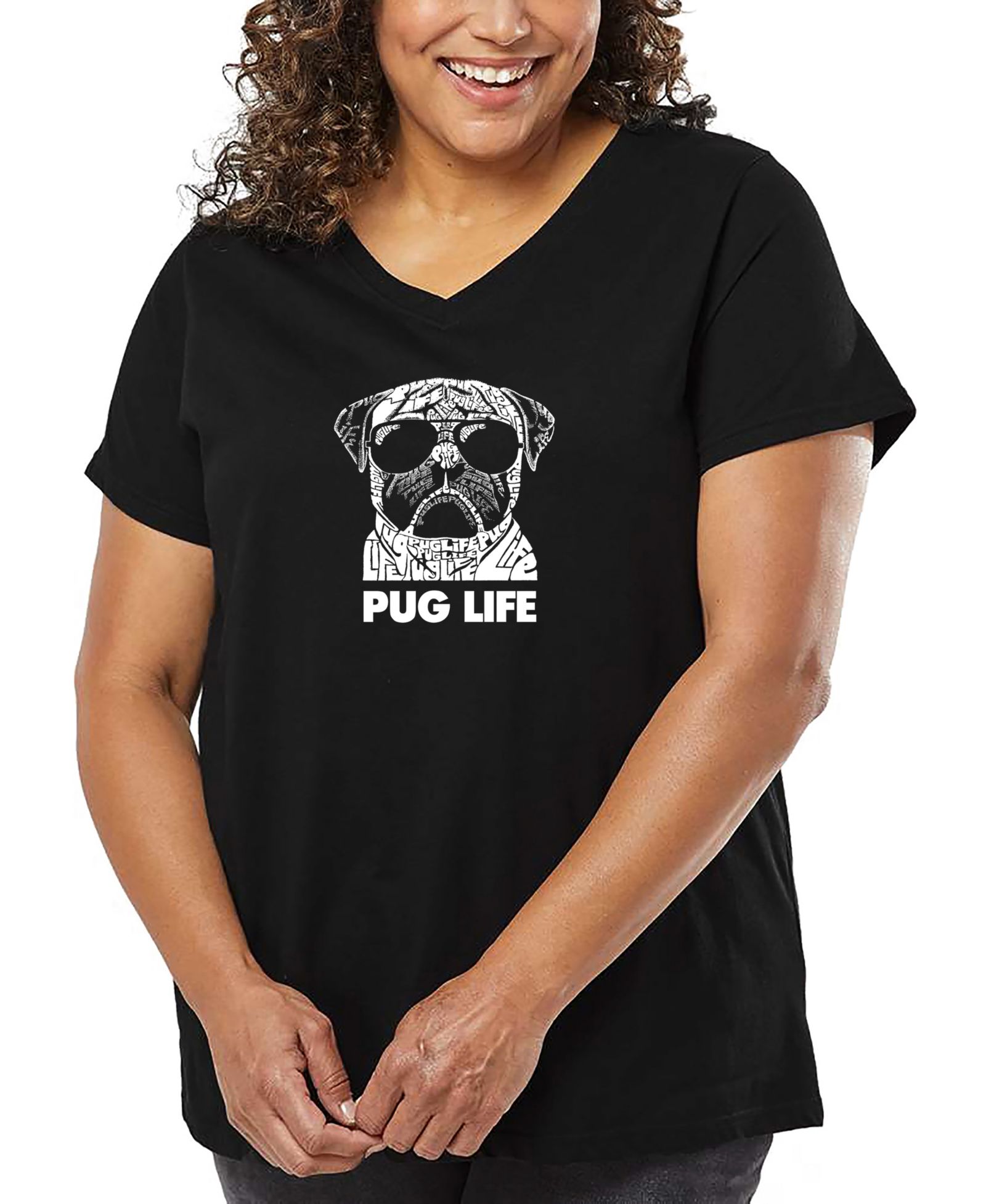 LA Pop Art футболка V-neck Plus Size Pug Life Word Art