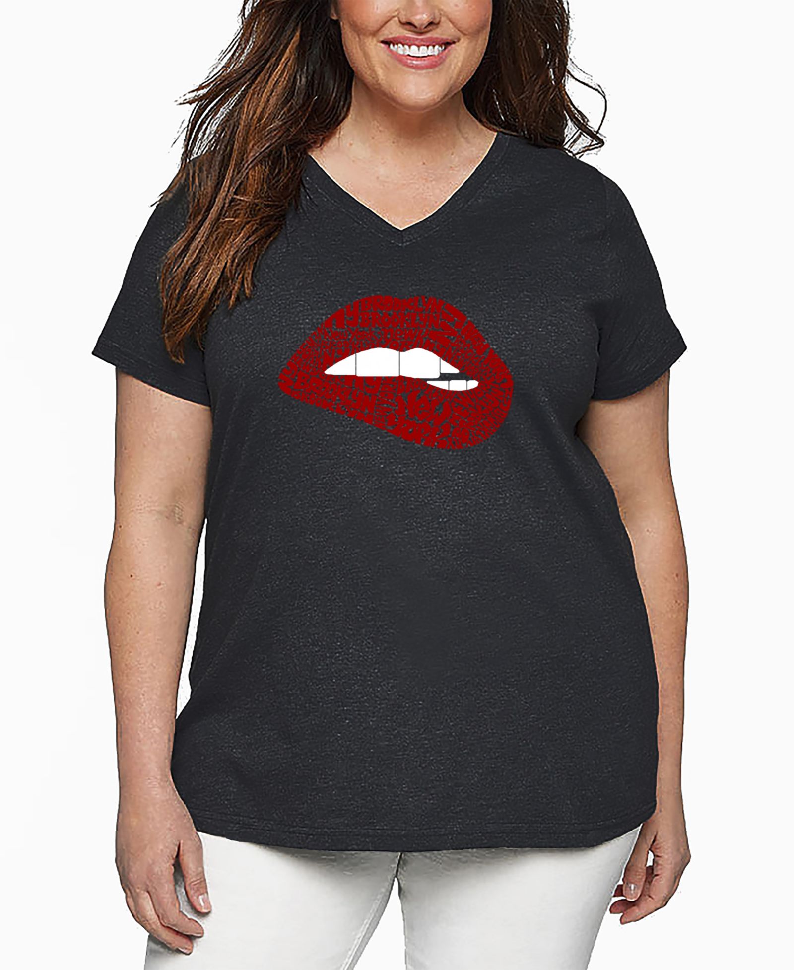 Футболка LA Pop Art Plus Size Brooklyn Lips Word Art V-Neck