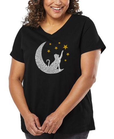 LA Pop Art Plus Size Cat Moon Word Art V-Neck T-Shirt