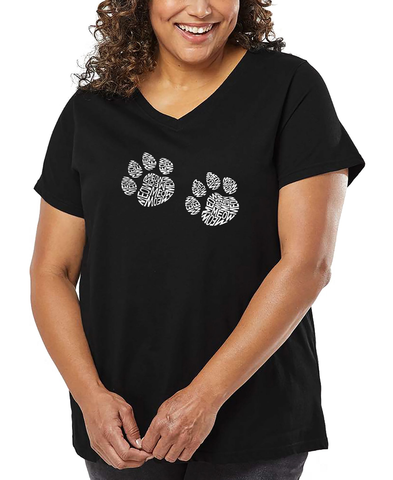 LA Pop Art футболка V-neck Plus Size Meow Cat Prints Word Art