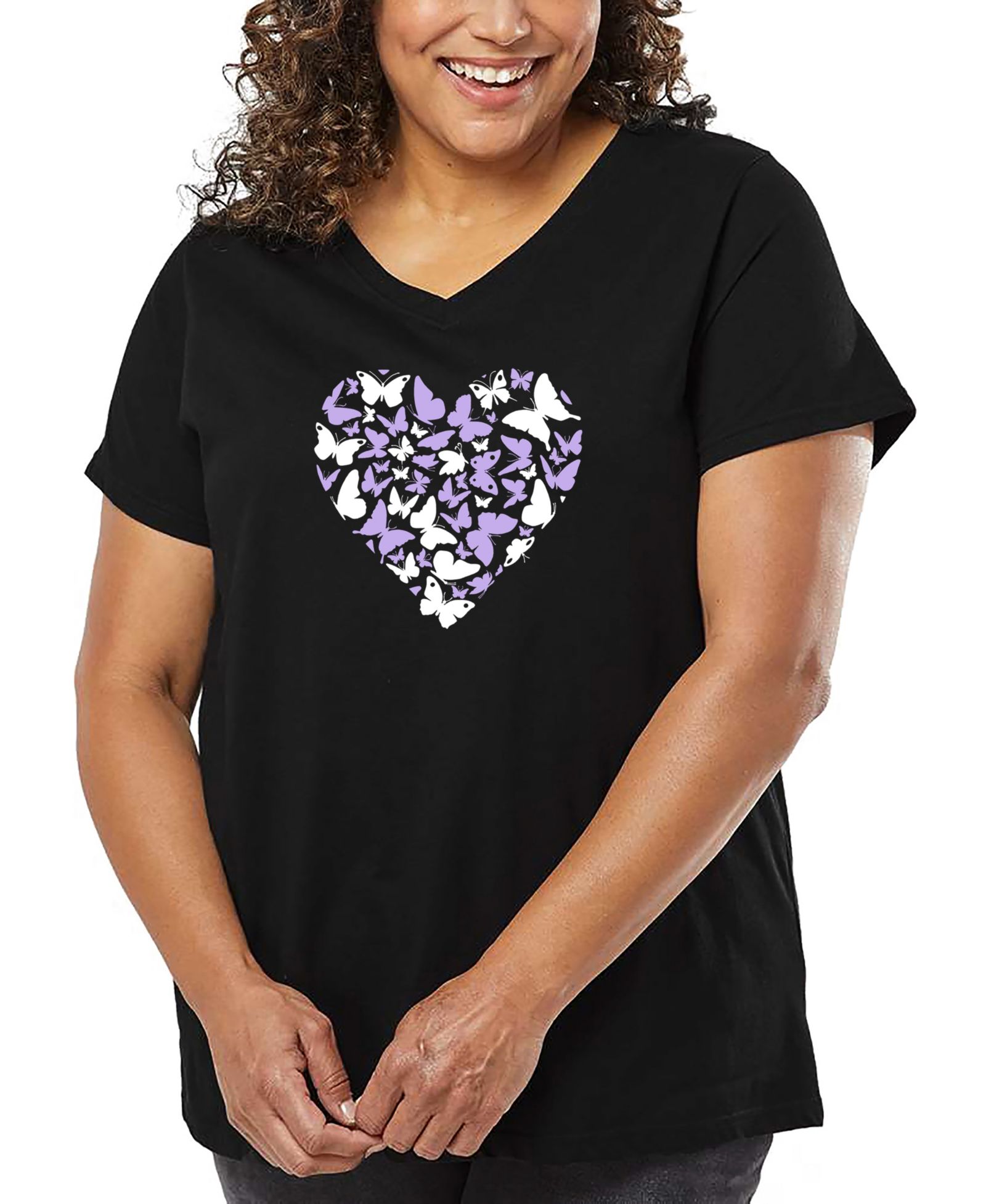 LA Pop Art Футболка с принтом Butterfly Heart Word Art V-Neck Plus Size