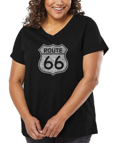LA Pop Art Plus Size T-Shirt с надписью CITIES ALONG THE LEGENDARY ROUTE 66, V-образный вырез