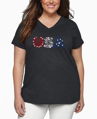 Женская футболка LA Pop Art Plus Size USA Fireworks Word Art V-Neck