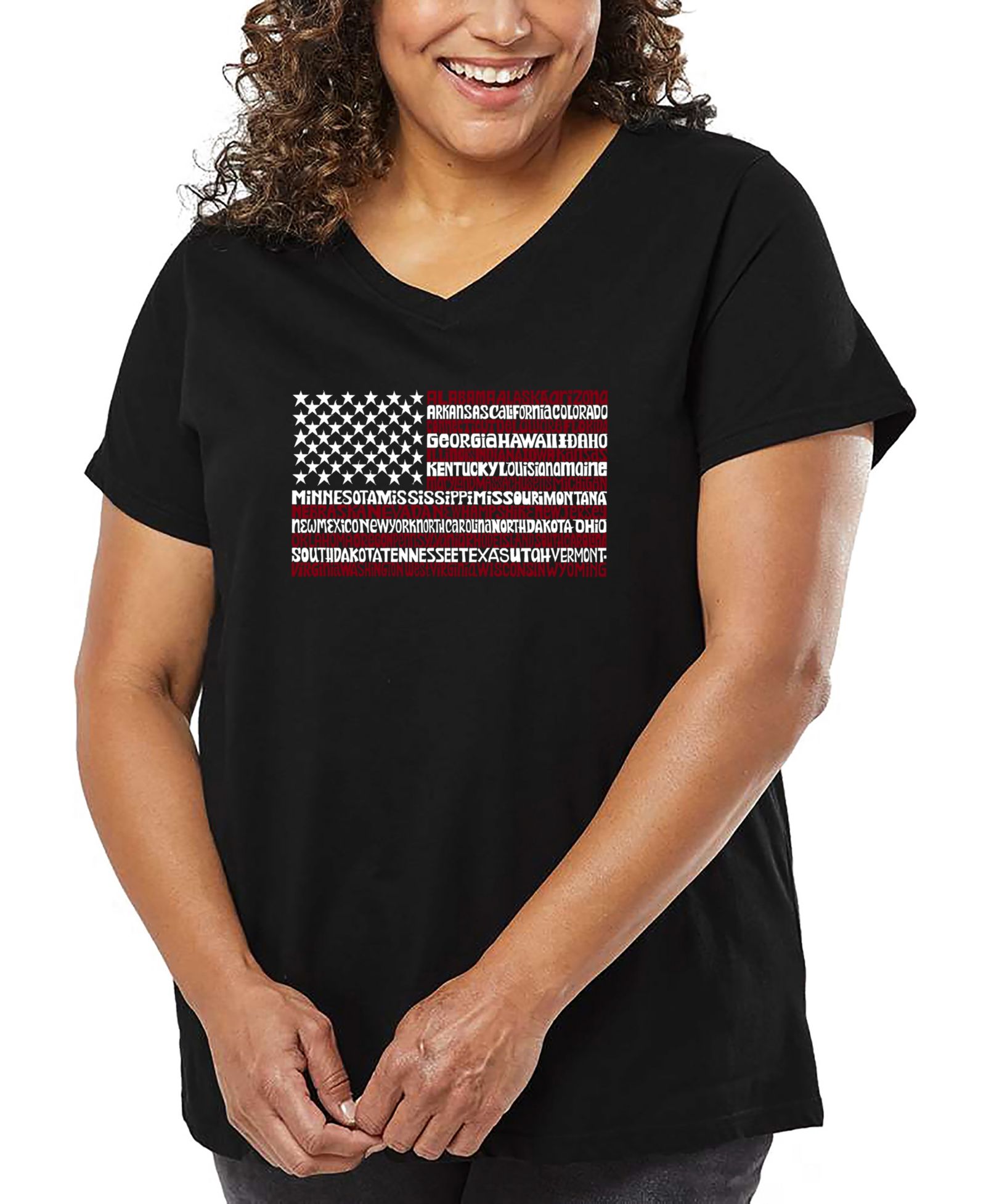 Футболка LA Pop Art Plus Size 50 States USA Flag Word Art V-Neck
