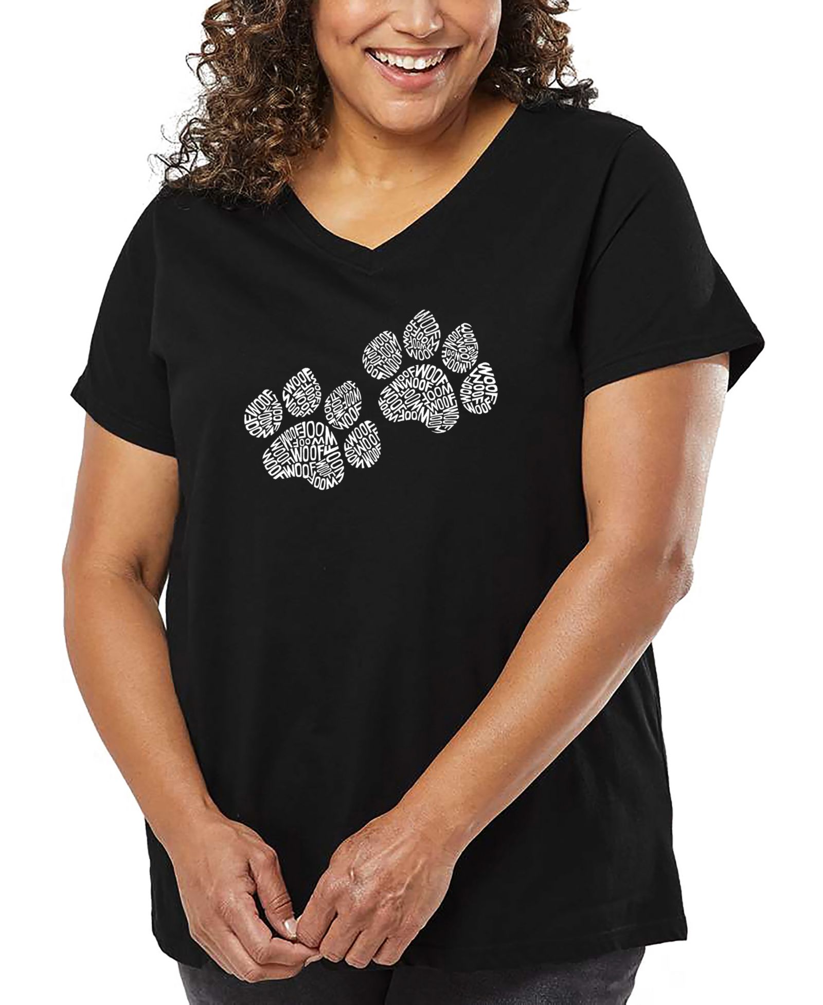 LA Pop Art Футболка Plus Size Woof Paw Prints Word Art V-Neck