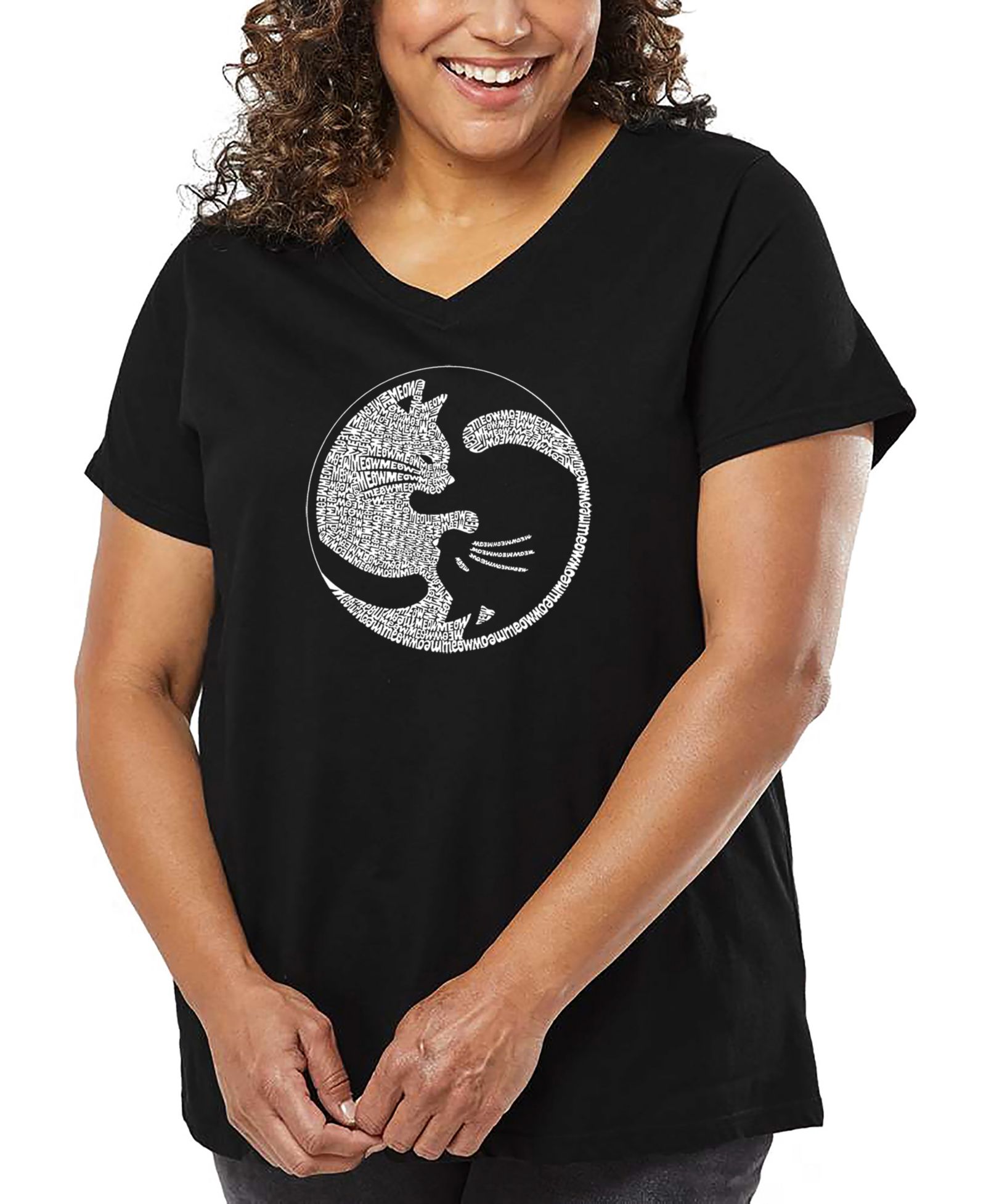 Женская футболка LA Pop Art Plus Size Yin Yang Cat Word Art V-Neck