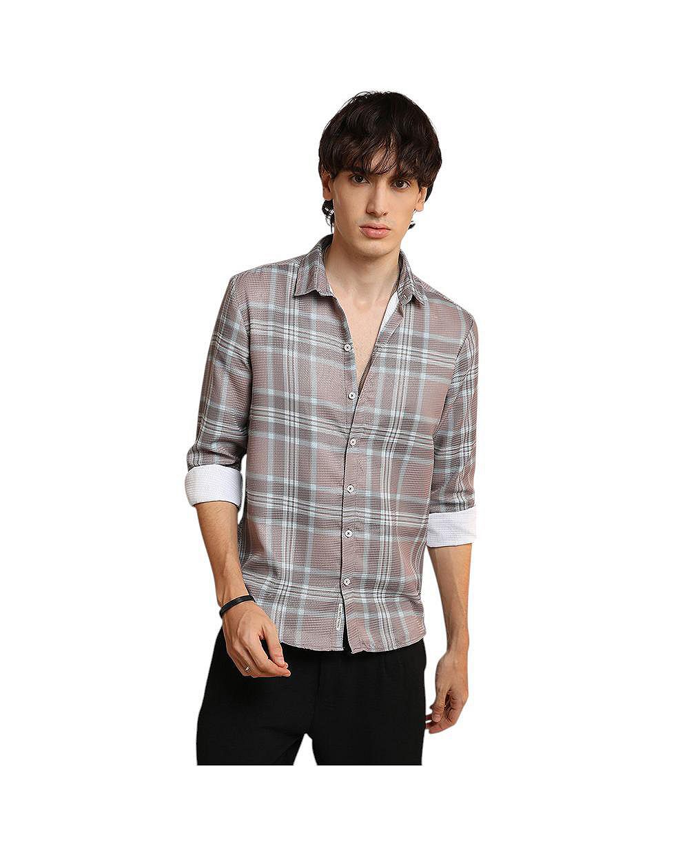 Campus Sutra Мужская Nude Pink & Cloud Grey Tartan Plaid Shirt