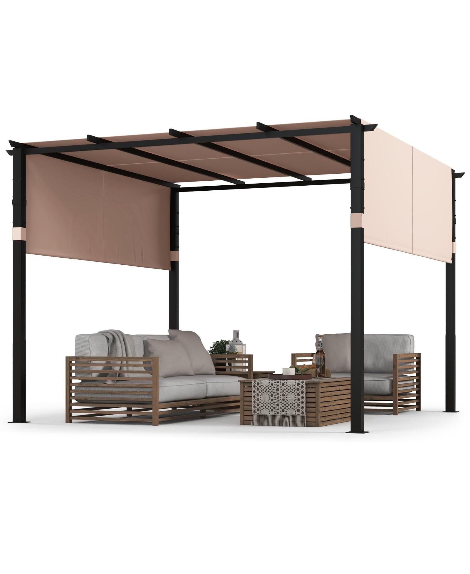 10 x 10 ft Flat Top Pergola with Retractable Canopy for Garden Pool Porch and Backyard